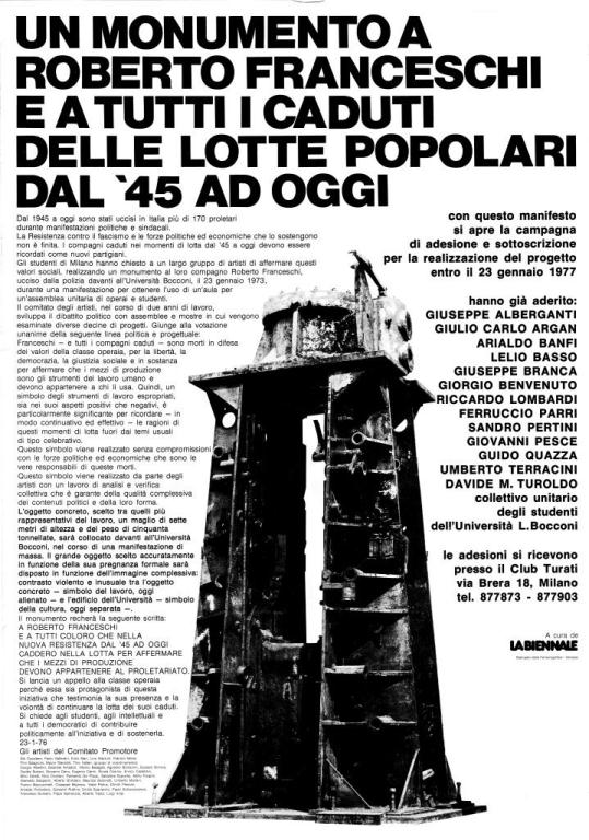 Manifesto de La Biennale per il monumento a Roberto Franceschi