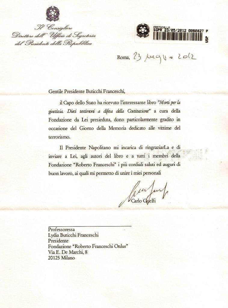 Lettera del Presidente della Repubblica Giorgio Napolitano - 23 maggio 2012