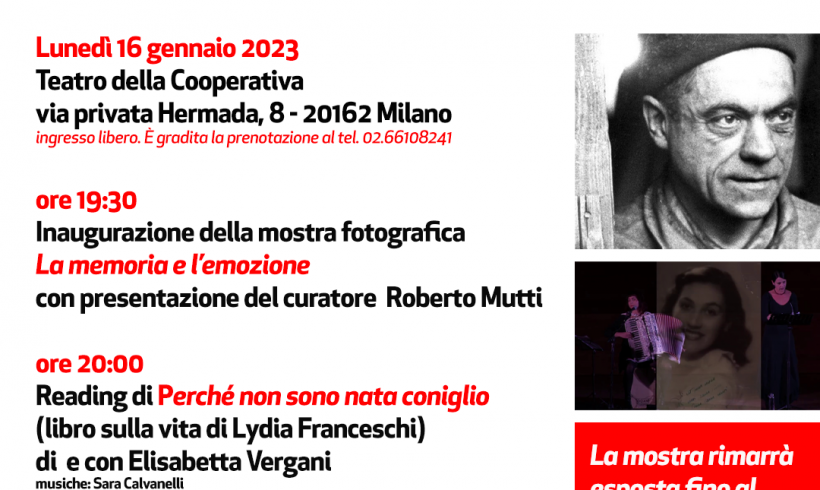 16 gennaio 2023 – Milano, Teatro della Cooperativa: In ricordo di Roberto Franceschi. Reading “Perché non sono nata coniglio” e mostra fotografica “La memoria e l’emozione”